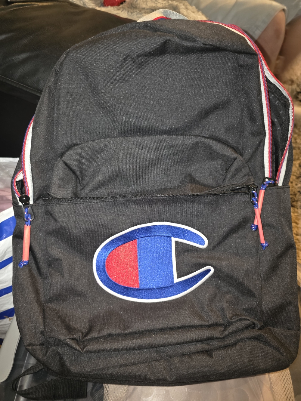Champion Black Backpack with Red & Blue Logo Accent